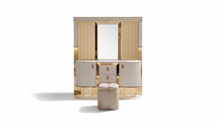 Schlofzëmmer Set Luxus Schminktisch mat Spigel Hocker Design nei 2tlg