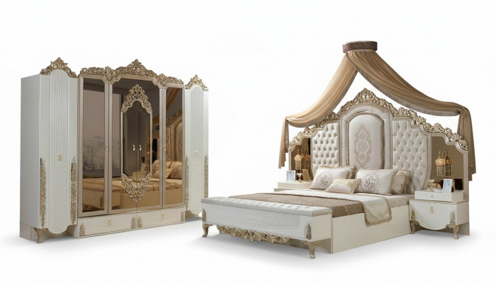 Schlofzëmmer Set Bett 2x Nuetstëscher Hocker Luxus nei 5tlg Design Holz