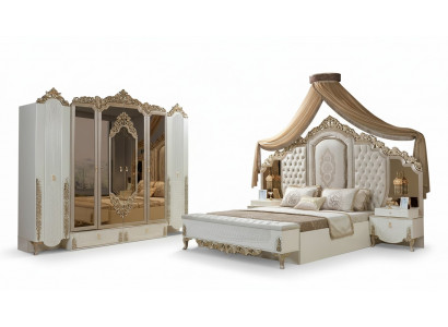 Schlofzëmmer Set Bett 2x Nuetstëscher Hocker Luxus nei 5tlg Design Holz