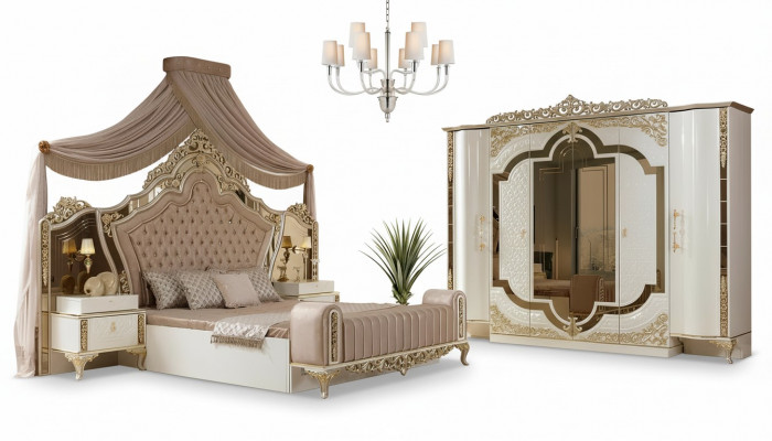 Schlofkummer-Set Bett 2x Nuetsdëscher Design Luxus nei 5tlg wäiss