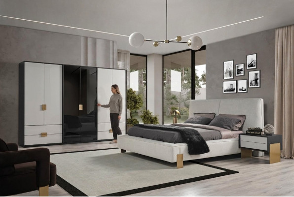 Schlofzëmmer Set Bett 2x Nuetsdëscher Kleederschaf Luxus nei 4 Stéck Holz