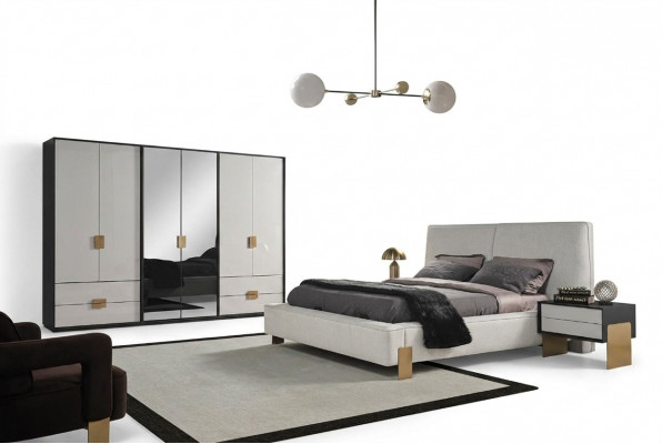 Schlofzëmmer Set Bett 2x Nuetsdëscher Kleederschaf Luxus nei 4 Stéck Holz