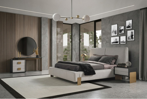 Schlofzëmmer Set Bett 2x Nuetsdëscher Schminckdësch Luxus nei 5tlg