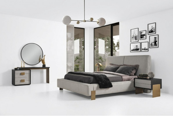Schlofzëmmer Set Bett 2x Nuetsdëscher Schminckdësch Luxus nei 5tlg