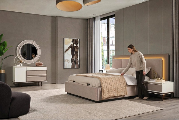 Schlofkummer Set Bett 2xNuetsdëscher Schminktisch Luxus nei 5-Stéck Design