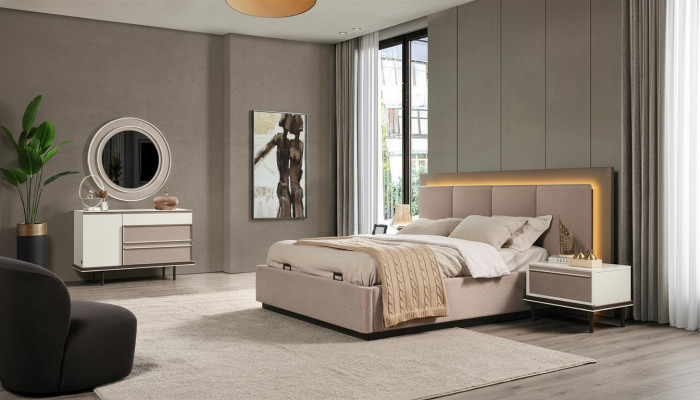 Schlofkummer Set Bett 2xNuetsdëscher Schminktisch Luxus nei 5-Stéck Design