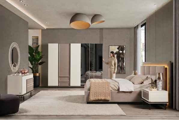 Schlofzëmmer-Set Bett 2x Nuetsdëscher Schminktisch Luxus nei 6-tlg Design