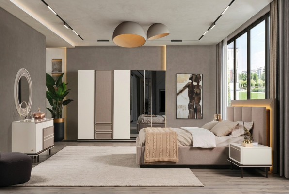 Schlofzëmmer-Set Bett 2x Nuetsdëscher Schminktisch Luxus nei 6-tlg Design