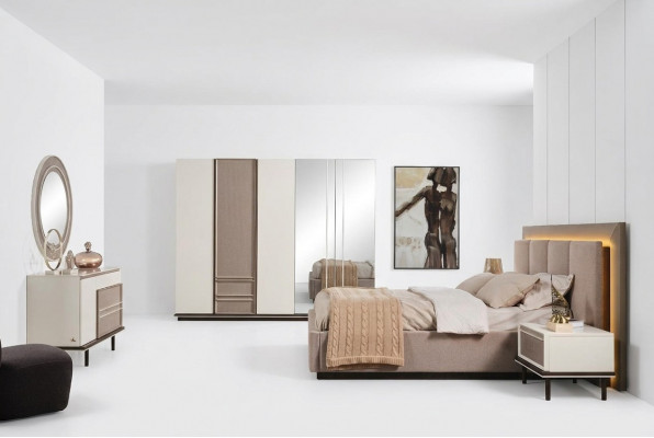 Schlofzëmmer-Set Bett 2x Nuetsdëscher Schminktisch Luxus nei 6-tlg Design