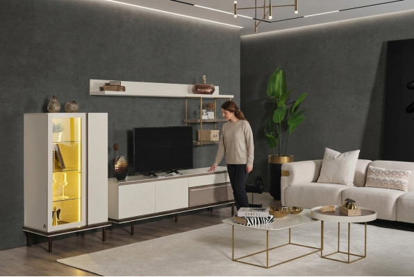 Wäisst Wunnzëmmer Set Designer TV-Stänner Luxus LED Vitrin Holz Regal