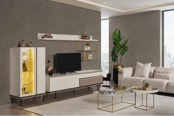 Wäisst Wunnzëmmer Set Designer TV-Stänner Luxus LED Vitrin Holz Regal