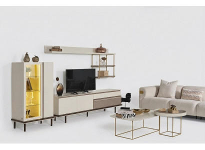 Wäisst Wunnzëmmer Set Designer TV-Stänner Luxus LED Vitrin Holz Regal