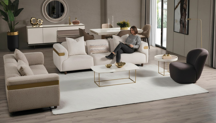 Modern Beige Canapé-Set 4+3 Sëtz + Fauteuil Wunnzëmmer Luxus Set 3 Deeler