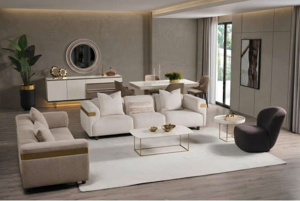 Modern Beige Canapé-Set 4+3 Sëtz + Fauteuil Wunnzëmmer Luxus Set 3 Deeler
