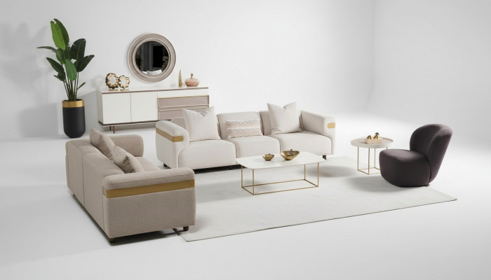 Modern Beige Canapé-Set 4+3 Sëtz + Fauteuil Wunnzëmmer Luxus Set 3 Deeler