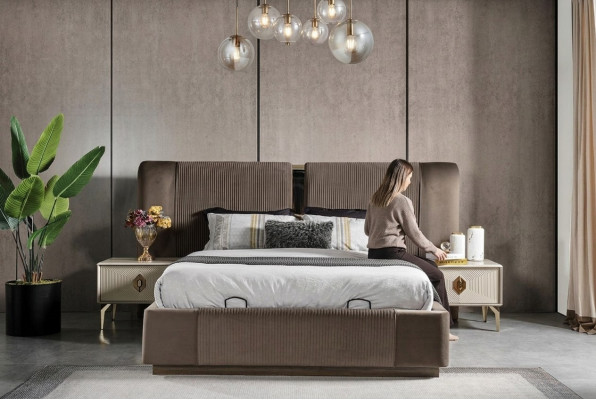 Brong Schlofzëmmer Set Designer Duebelbett 2x Nuetsdëscher Luxus Miwwelen