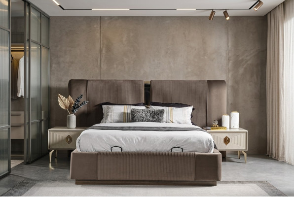 Brong Schlofzëmmer Set Designer Duebelbett 2x Nuetsdëscher Luxus Miwwelen