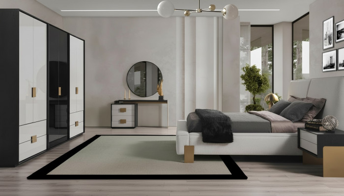 Modern Schlofzëmmer-Set, Duebelbett, 2x Nuetsdëscher, Schminktësch, 6 Stéck.