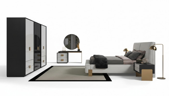Modern Schlofzëmmer-Set, Duebelbett, 2x Nuetsdëscher, Schminktësch, 6 Stéck.