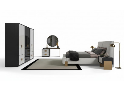 Modern Schlofzëmmer-Set, Duebelbett, 2x Nuetsdëscher, Schminktësch, 6 Stéck.