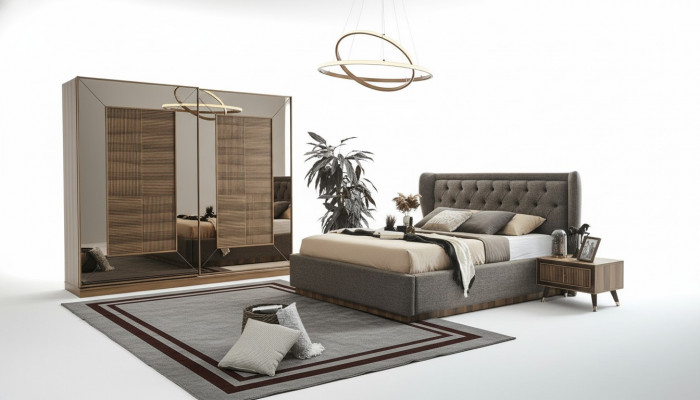 Schlofzëmmer-Set Gepolstert Bett 2x Nueschtstësch Kleederschaf 4-Teile Set