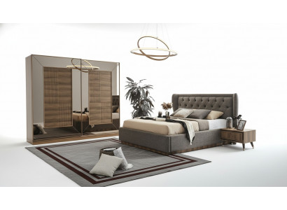 Schlofzëmmer-Set Gepolstert Bett 2x Nueschtstësch Kleederschaf 4-Teile Set