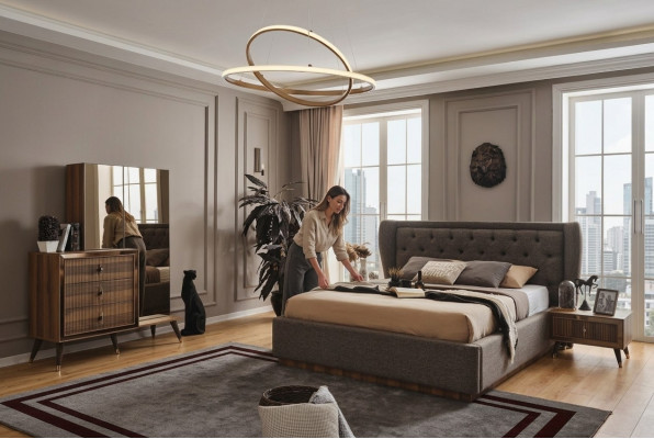 Modern Schlofzëmmer Set Designer Bett 2x Nuetsdëscher Kommode Spigel