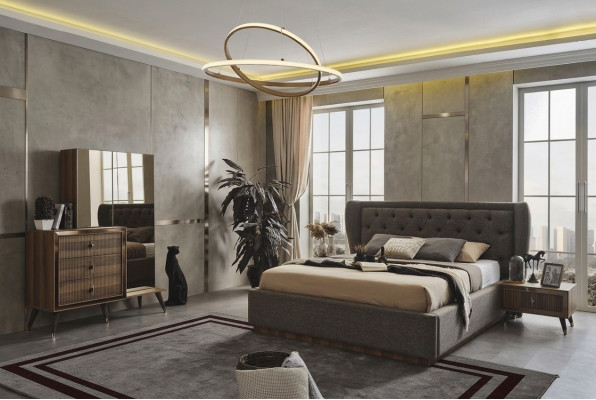 Modern Schlofzëmmer Set Designer Bett 2x Nuetsdëscher Kommode Spigel