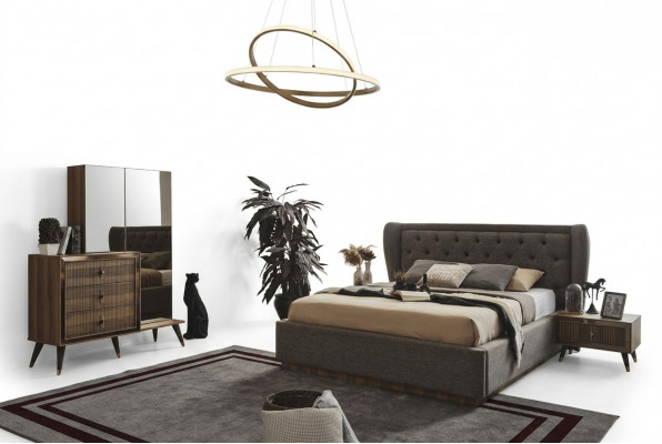 Modern Schlofzëmmer Set Designer Bett 2x Nuetsdëscher Kommode Spigel
