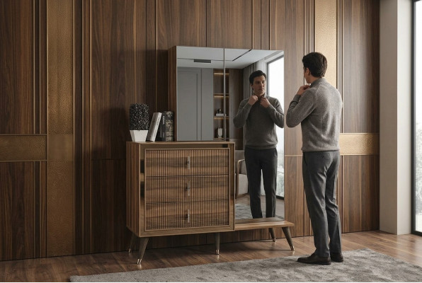 Brong Schlofzëmmermiwwel Kommode mat Spigel Luxus Holzmobilair Set 3-diereg
