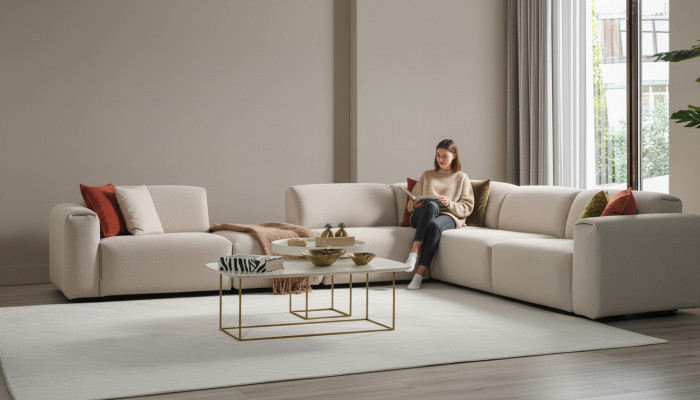 Beige Wunnzëmmer Sofa Designer Eckcanapé L-Form Luxus Couch Polstermobilar