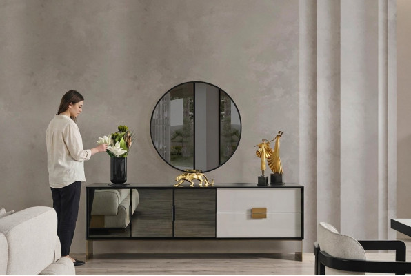 Schwaarzt Wunnzëmmer Set Designer Säitendësch Luxus Spigel 2tlg Set Nei
