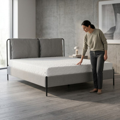Modern Schlofzëmmer Bett Griit Duebelbett Metallgestell Textilbetter