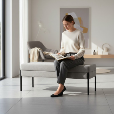 Grau Schlofkummer Sëtzbank Designer Holzgestell Textil Polsterbank