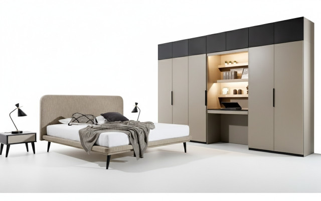 Edele Schlofzëmmer Set Designer Duebelbett Kleederschaf Nuetsdëscher