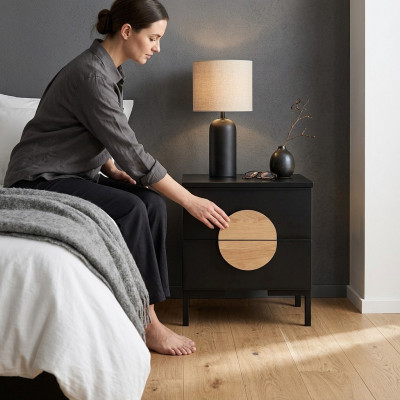 Schwaarz Nuechtkommode Designer Nuechttësch mat 2 Schief Holz Miwwelen