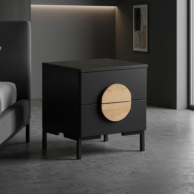 Schwaarz Nuechtkommode Designer Nuechttësch mat 2 Schief Holz Miwwelen