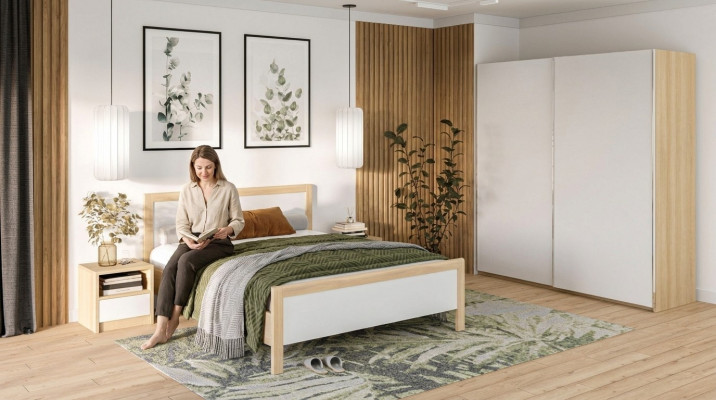 Wäiss Schlofzëmmer Miwwelen Luxus Bett Nuetsdëscher Groussen Kleederschaf