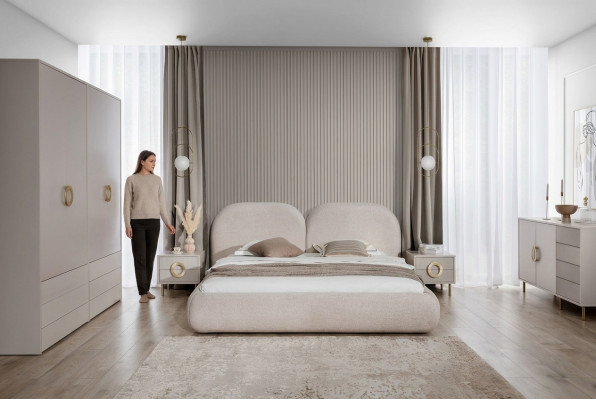 Béis Schlofzëmmer Set Duebelbett Kleederschaf Komoud 2x Nuetsdëscher