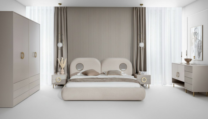 Béis Schlofzëmmer Set Duebelbett Kleederschaf Komoud 2x Nuetsdëscher