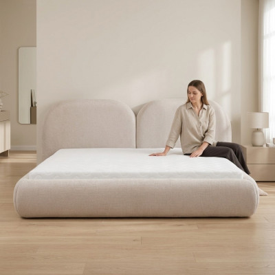 Schlofzëmmer a Beige, duebelt Bett mat ronnem Textilkoppleist, Gepolsterten Better, Nei