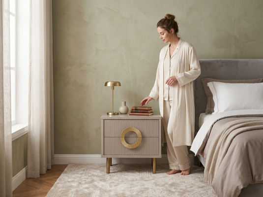 Designer beige Nuetsdësch mat 2 Tiräng Schlofkummer Bettkonsole