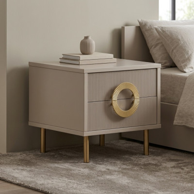 Designer beige Nuetsdësch mat 2 Tiräng Schlofkummer Bettkonsole
