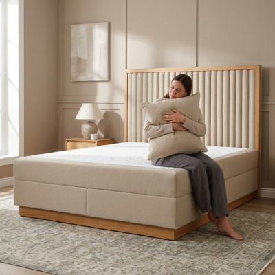Braun-beige Schlofzëmmer Bett Designer Better Duebelbetter Textillbett
