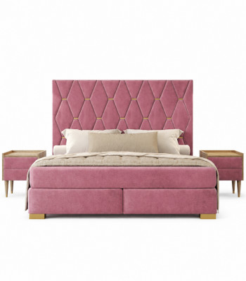 Zëmmer Set a Beige mat duebel Bett, Kleederschaf, Kommode, 2x Nuetsdëscher