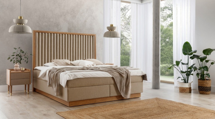 Beige Schlofkummer Duebelbett 2x Luxus Nuetsdëscher Eedelt Holzmierer 3tlg