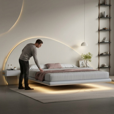 Grouss Wandbett Modern Schlofkummer Miwwelen Holzgestell LED-Bett Nei