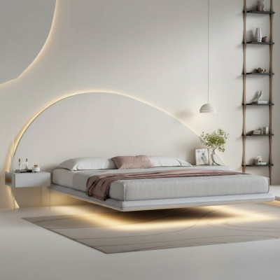 Grouss Wandbett Modern Schlofkummer Miwwelen Holzgestell LED-Bett Nei