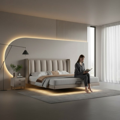Wäisst Schlofzëmmer Duebelbett Designer Luxusmiwwel Holzgestell Better