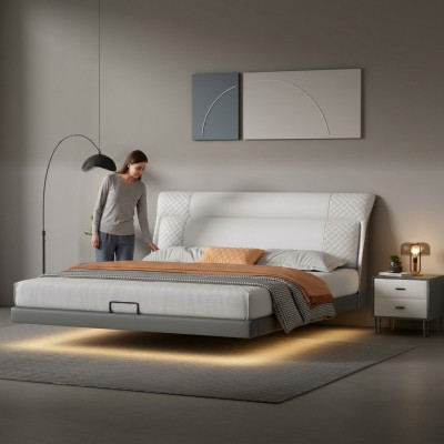 Wäisst Schlofzëmmer Bett Designer Liederbetter Textilbetter Duebelbetter